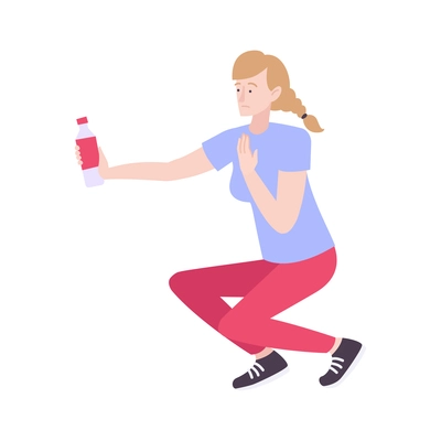 First aid icon with female character feeling bad holding bottle of water vector illustration