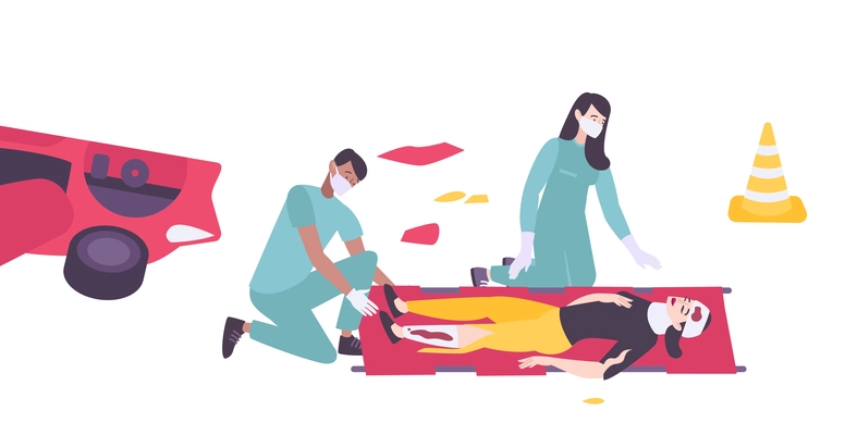 Two paramedics providing first aid to woman injured in car accident flat vector illustration