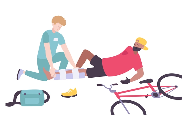 Paramedic giving first aid to man who fell off bike flat vector illustration