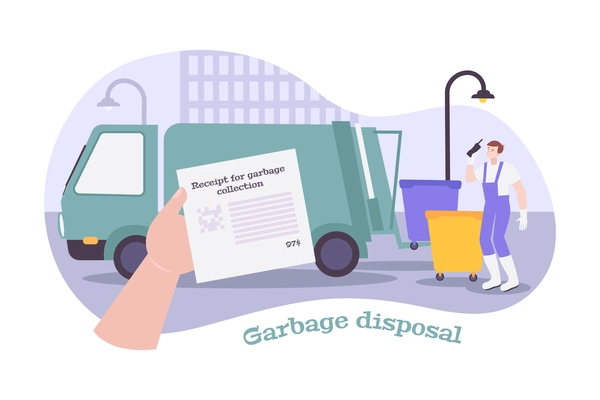 Garbage disposal composition with utility service worker truck receipt vector illustration