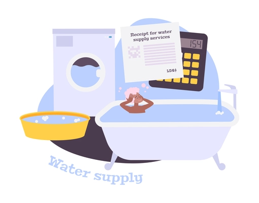 Water supply flat composition with woman in bath receipt calculator washing machine vector illustration