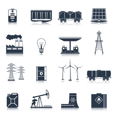 Energy and electric industry icons black set with solar battery factory light bulb isolated vector illustration