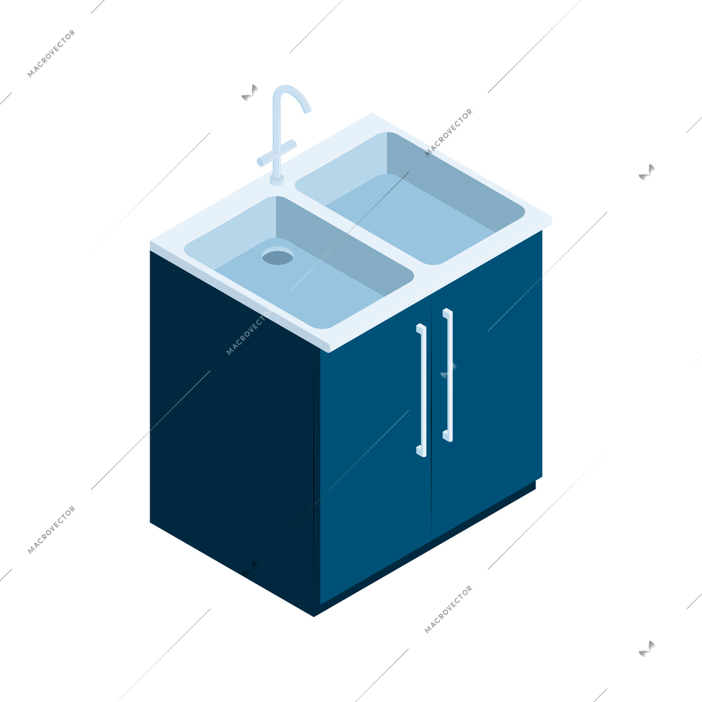 Kitchen cupboard with sink and faucet isometric icon on white background vector illustration