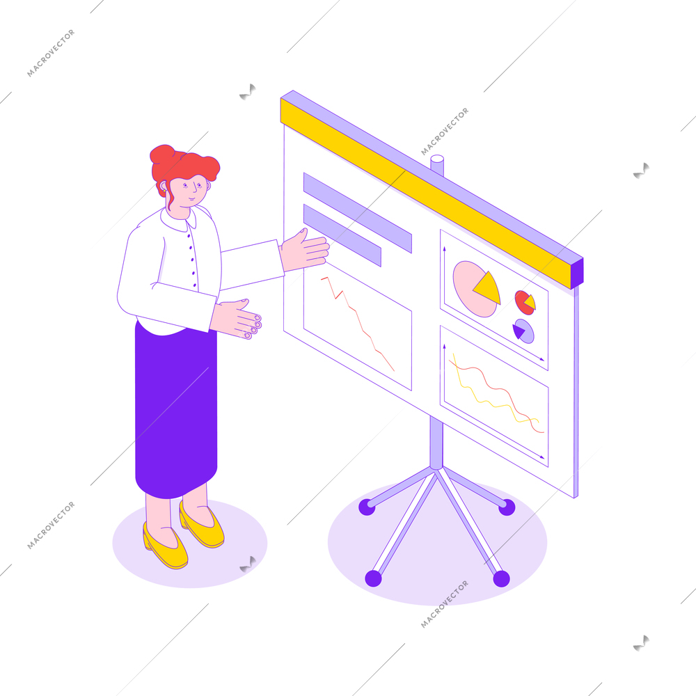 Isometric icon with businesswoman doing presentation with diagrams and charts at meeting 3d vector illustration