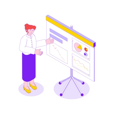 Isometric icon with businesswoman doing presentation with diagrams and charts at meeting 3d vector illustration