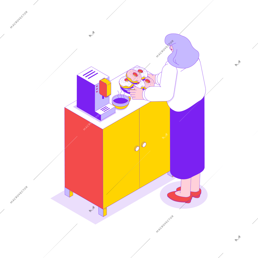 Office kitchen with coffee machine and woman going to have break with hot coffee and donuts isometric icon vector illustration