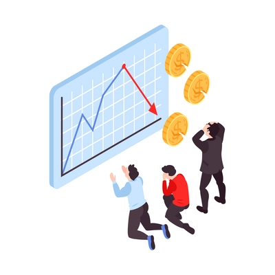 Financial crisis isometric icon with frustrated people watching stock market crash graph vector illustration