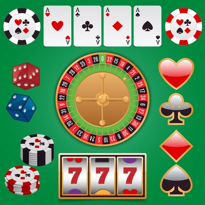 Casino design elements with gambling poker play icons set isolated vector illustration