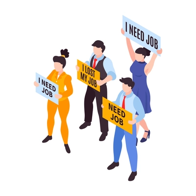 Isometric financial crisis icon with unemployed people holding posters 3d vector illustration