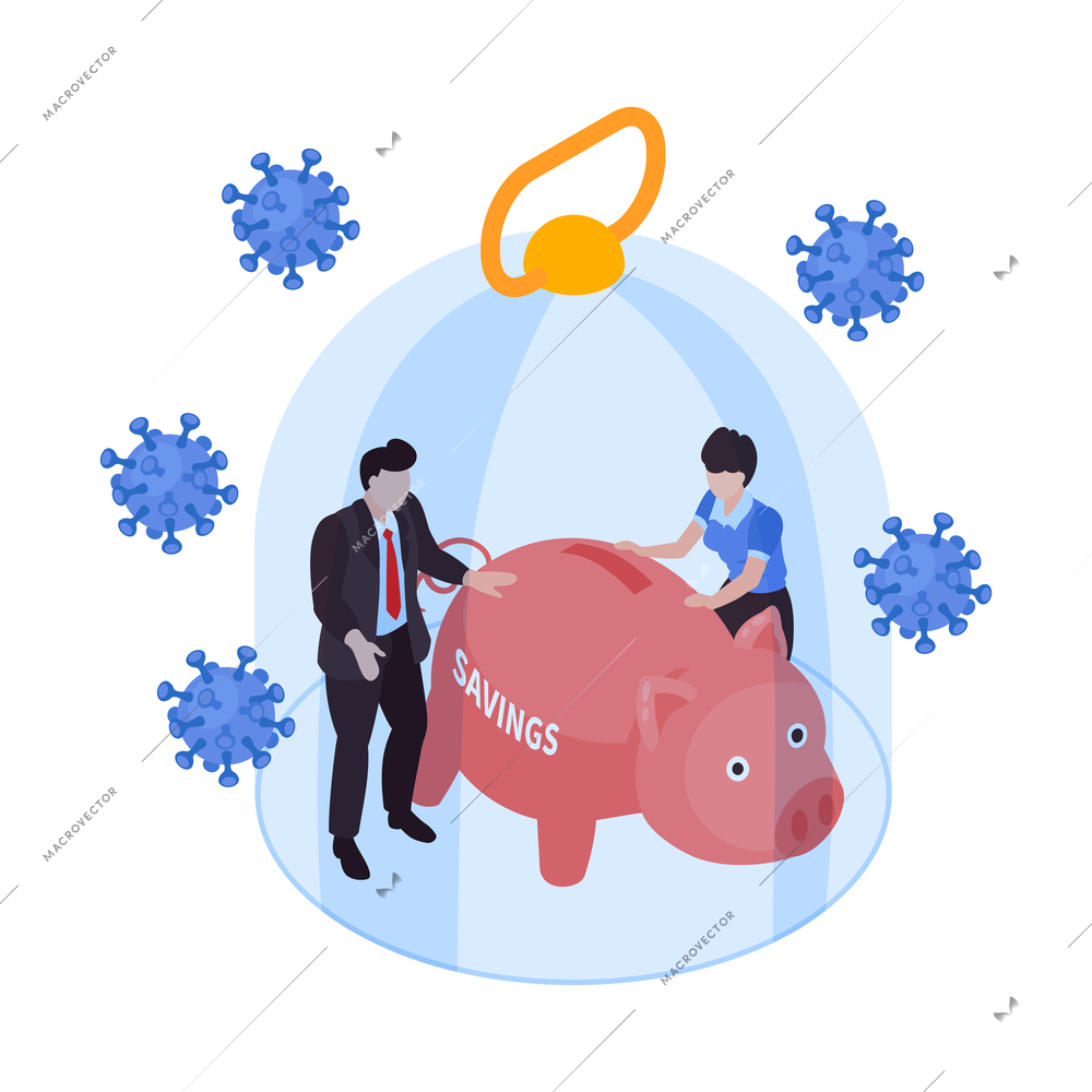 Global financial crisis isometric icon with coronavirus bacteria people and their savings under glass dome vector illustration