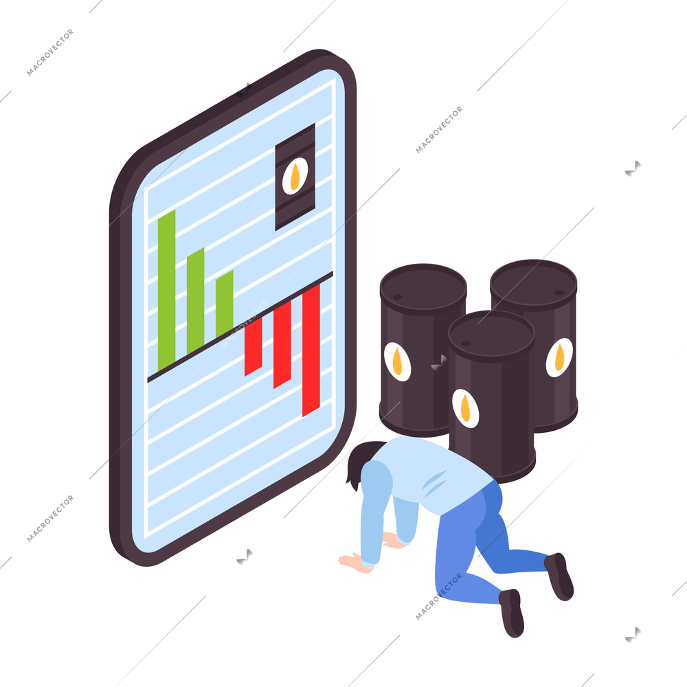 Isometric financial crisis concept with frustrated man watching oil market crash 3d vector illustration