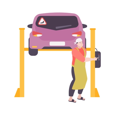 Womans car on lift and happy mechanic at repair shop flat vector illustration