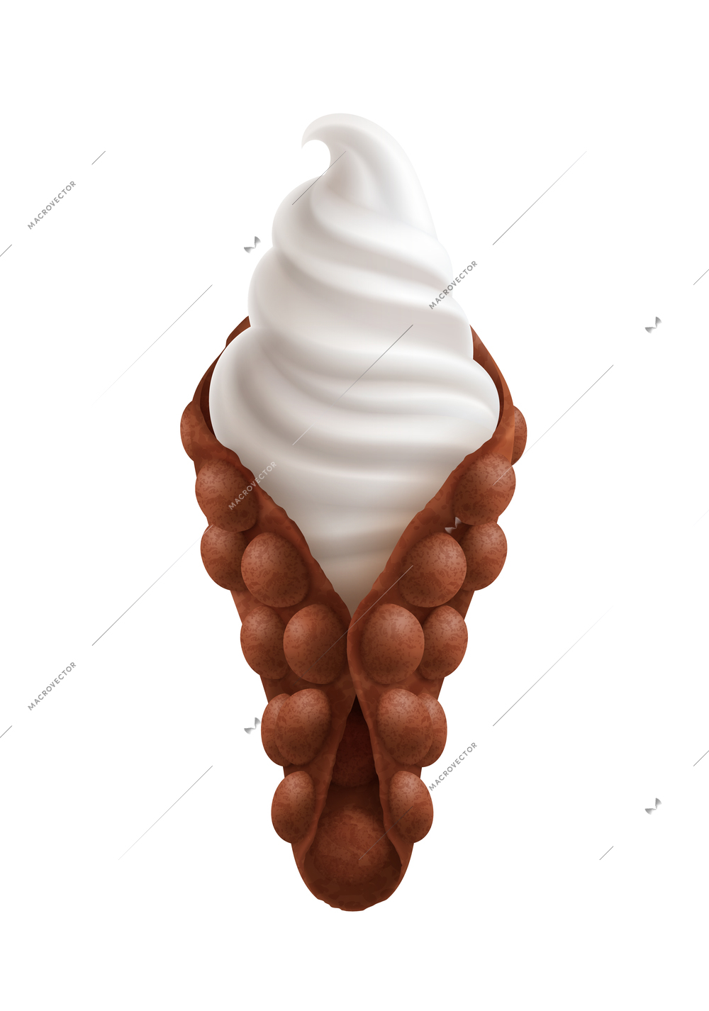 Delicious chocolate hong kong waffle cone with ice cream realistic vector illustration