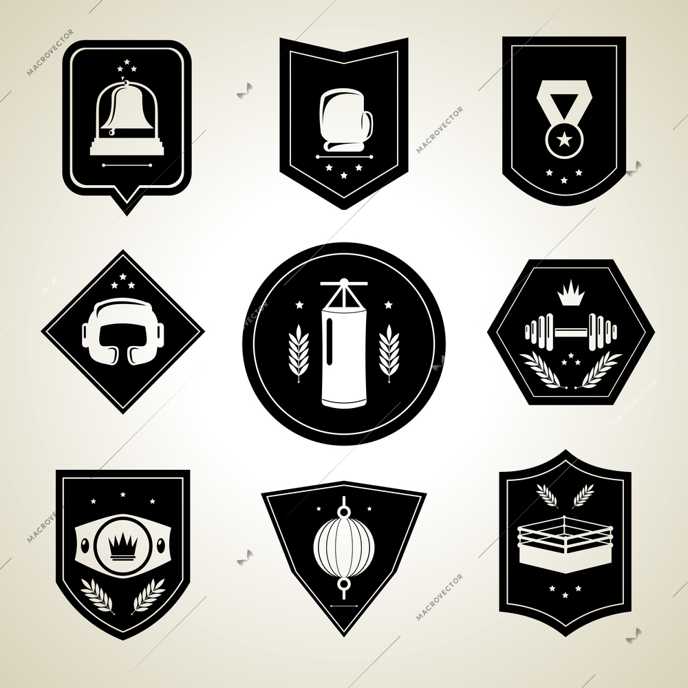 Box fight sport tournament black emblems set isolated vector illustration