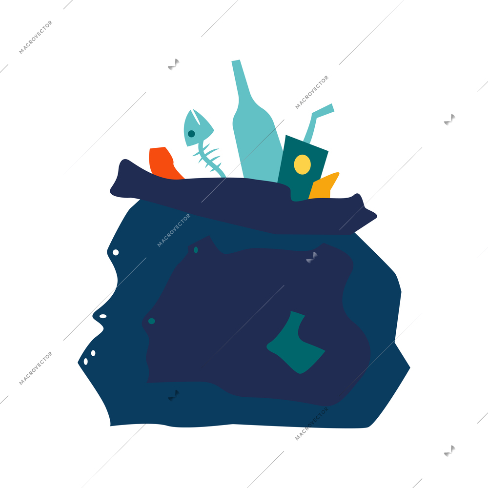Plastic bag full of waste and rubbish flat vector illustration