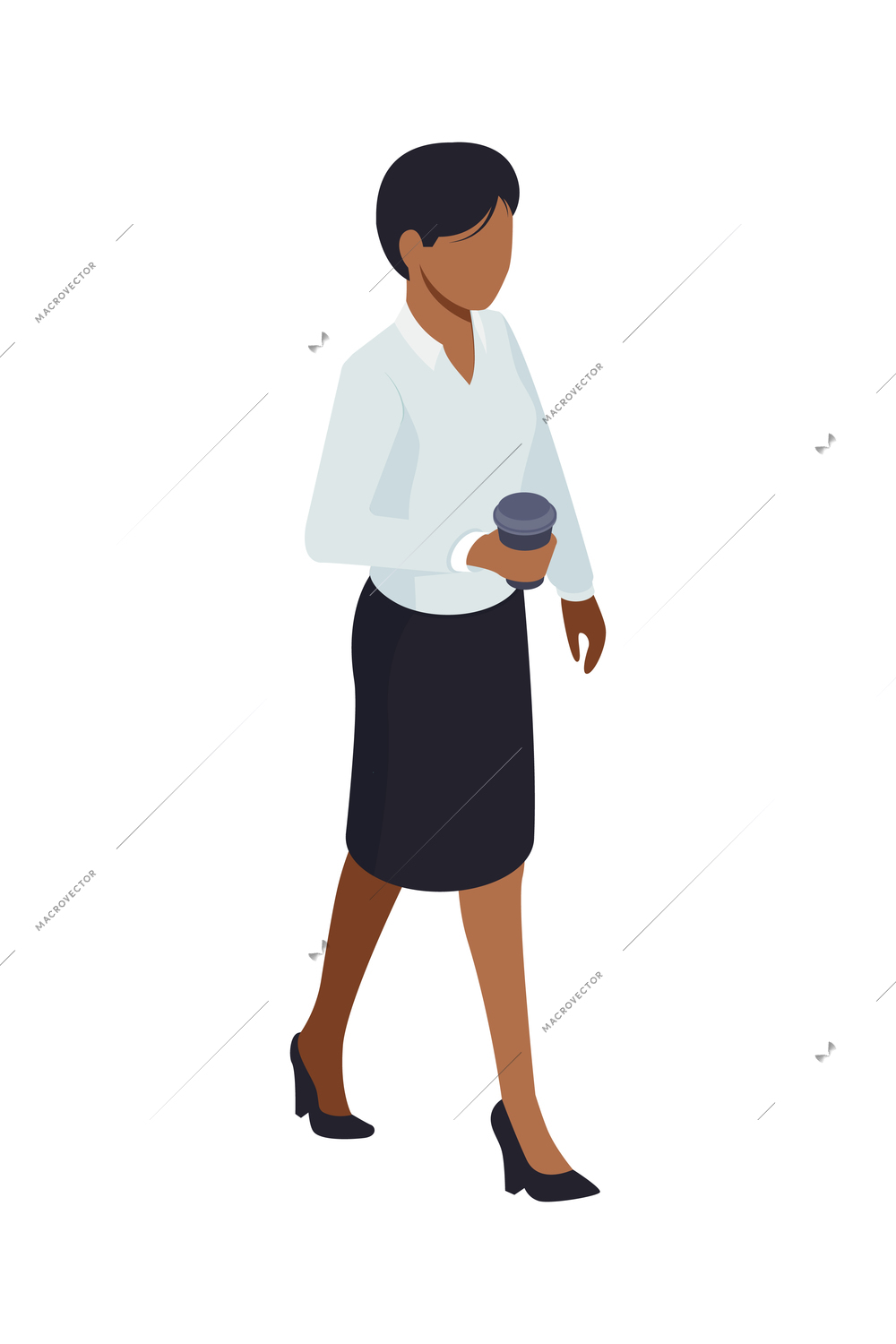 Isometric icon with businesswoman walking with paper cup of coffee vector illustration