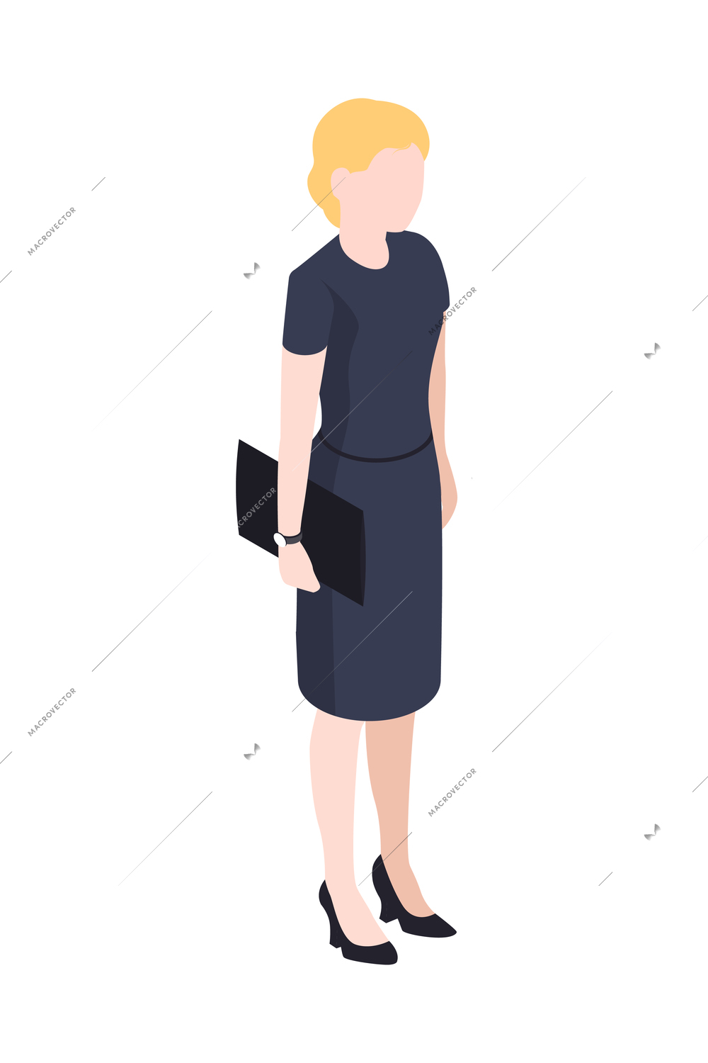 Isometric icon with faceless character of businesswoman wearing dress vector illustration