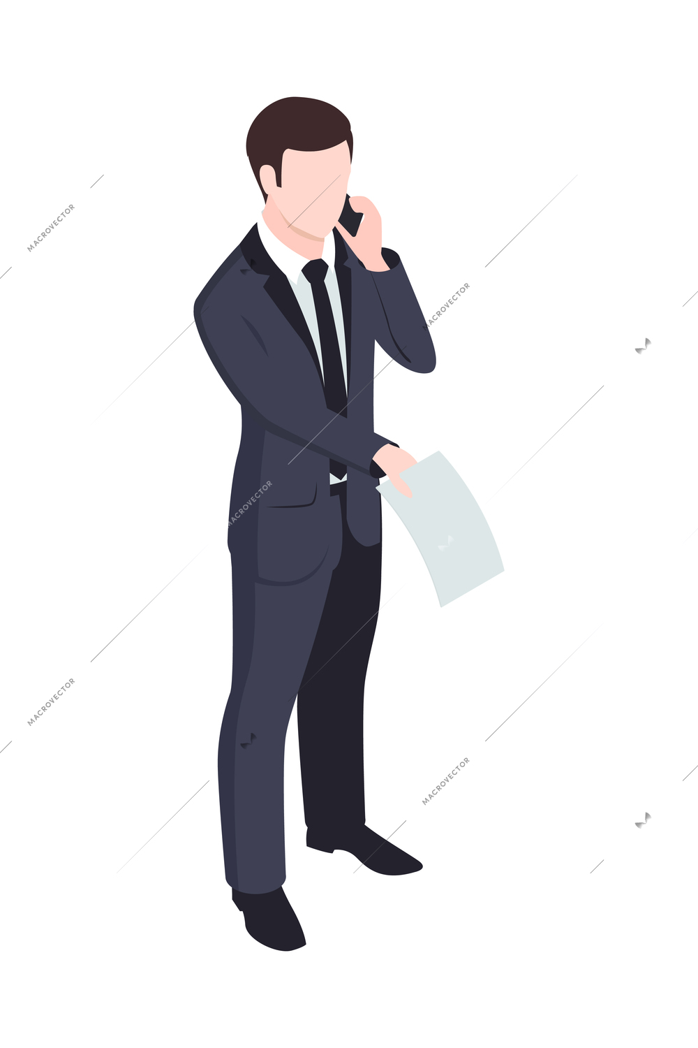 Isometric businessman talking on phone and holding paper on white background vector illustration