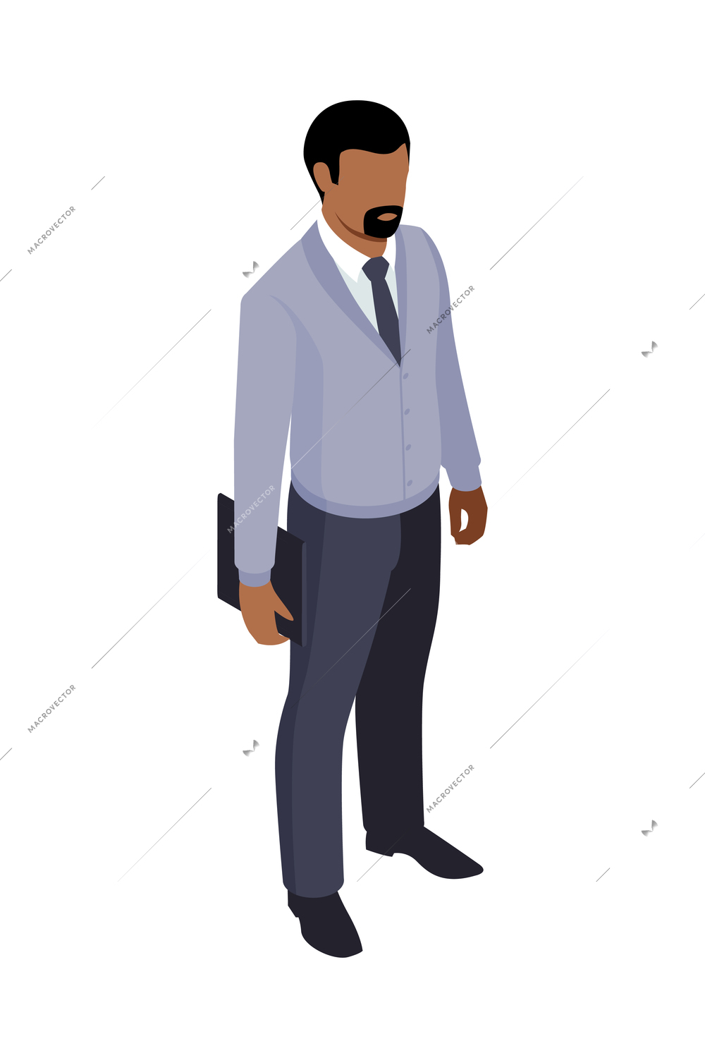 Dark haired businessman with beard and briefcase on white background isometric vector illustration