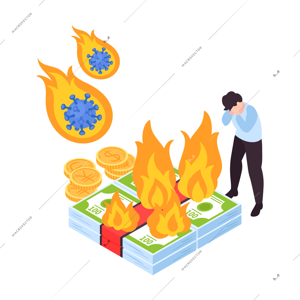 Global financial crisis covid19 impact isometric concept with frustrated man and burning savings vector illustration