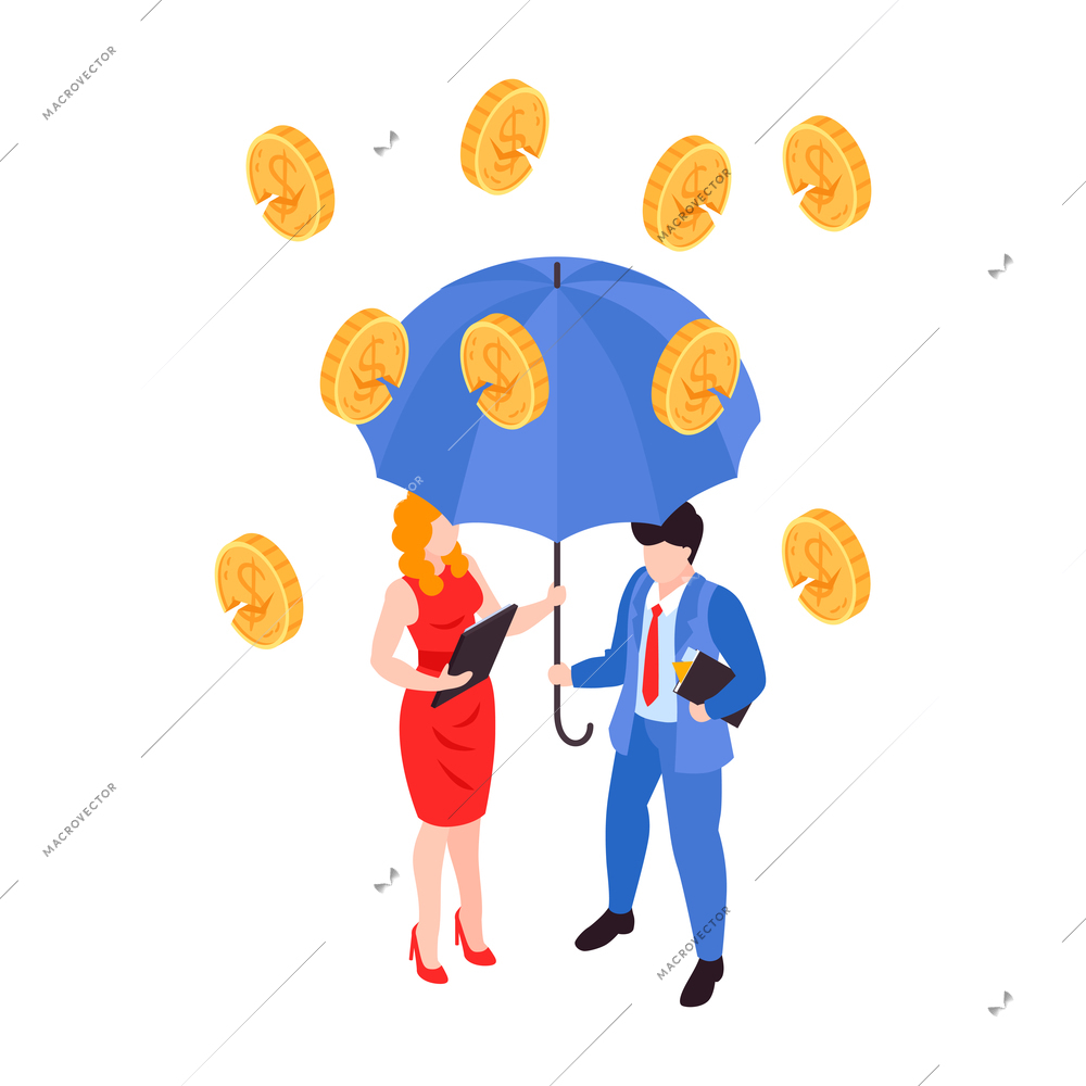 Financial crisis isometric concept with cracked coins falling on businessmen under umbrella 3d vector illustration