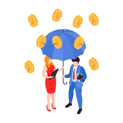 Financial crisis isometric concept with cracked coins falling on businessmen under umbrella 3d vector illustration