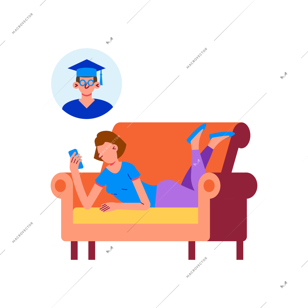 Online education icon with woman studying on her smartphone while lying on sofa vector illustration