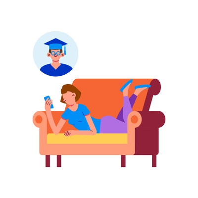 Online education icon with woman studying on her smartphone while lying on sofa vector illustration