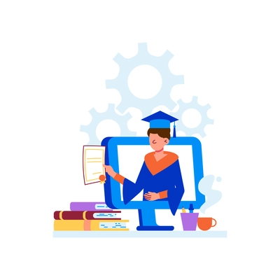 Online education distant courses flat icon with university graduate holding diploma on computer screen vector illustration