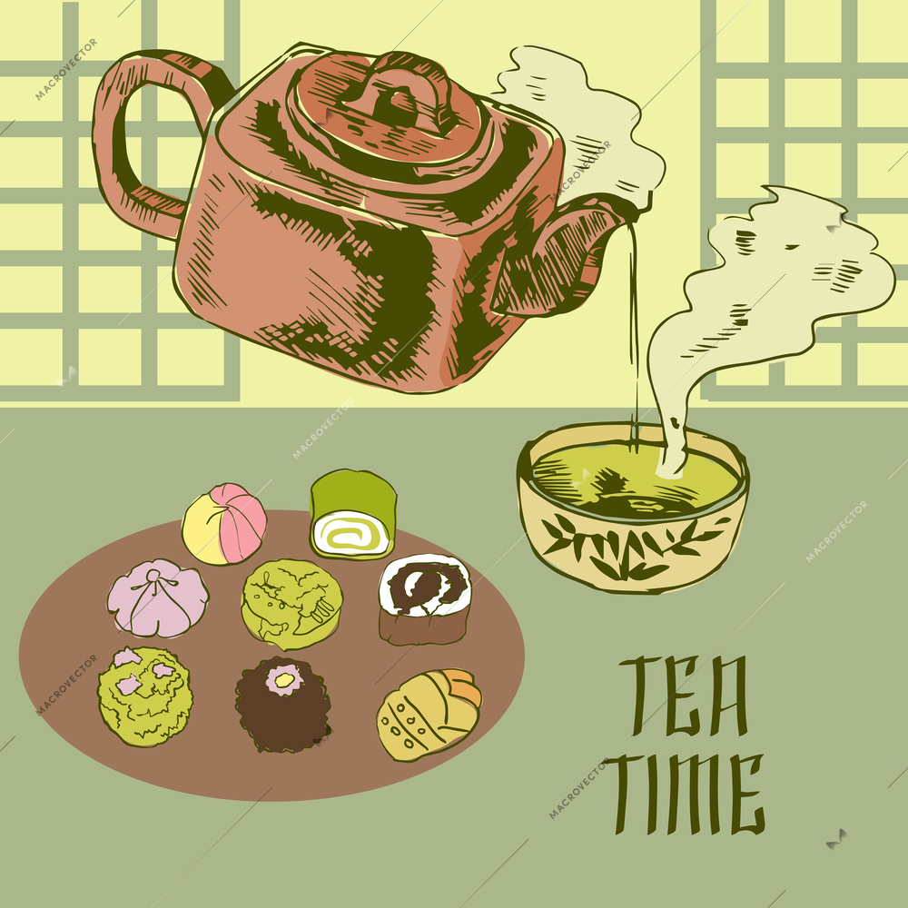 Tea time japanese traditional ceremony advertisement poster with green powdered matcha drink in earthenware teapot vector illustration