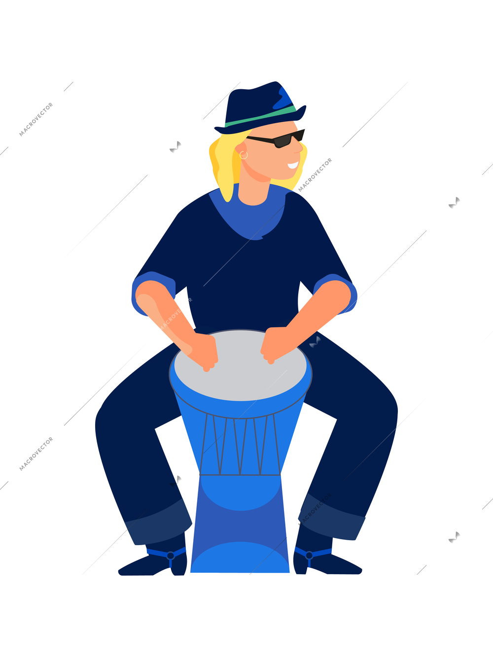 Flat icon with musician in glasses playing african drums vector illustration