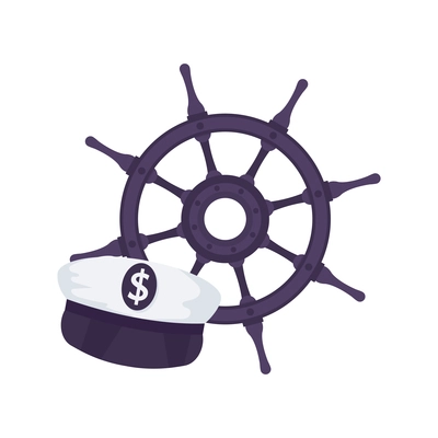 Flat icon with ship wheel and captain cap with dollar sign vector illustration