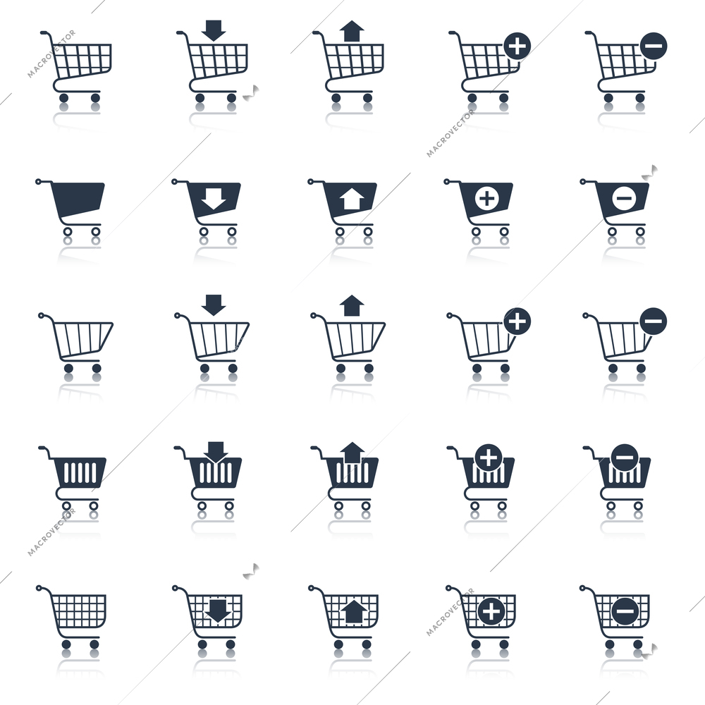 Shopping cart icons black e-commerce web design elements set isolated vector illustration