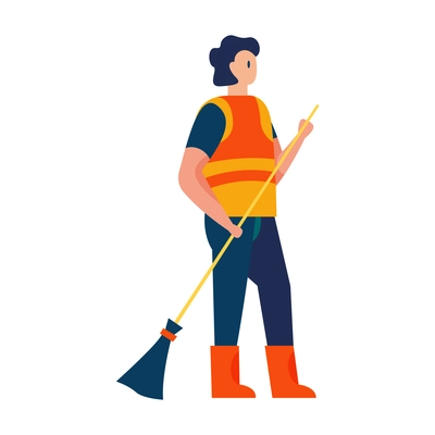 Street cleaner with broom flat icon on white background vector illustration