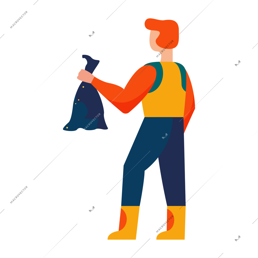 Flat character of cleaner taking out rubbish in plastic bag vector illustration