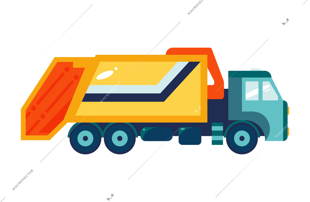 Flat colorful garbage truck on white background vector illustration