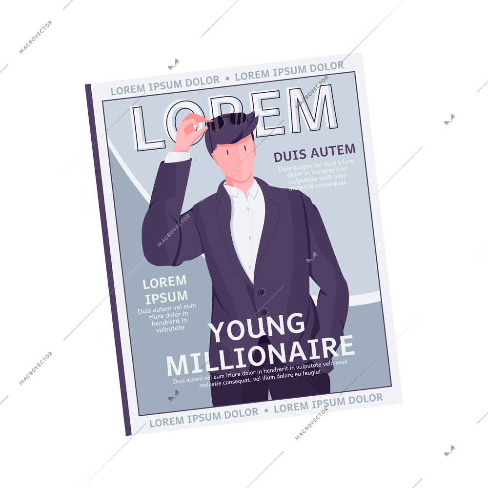 Flat magazine with young millionaire on cover vector illustration