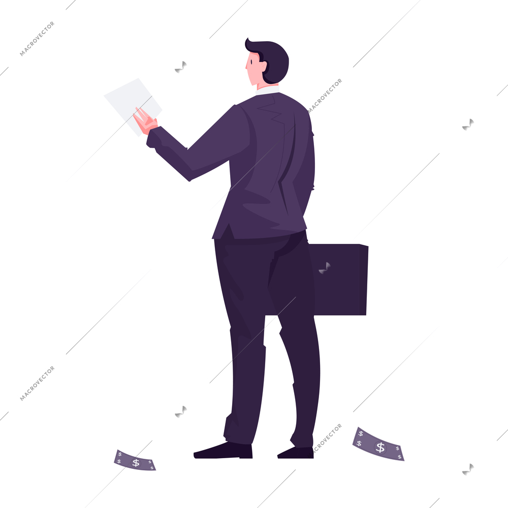 Flat character of millionare with briefcase and banknotes on floor vector illustration