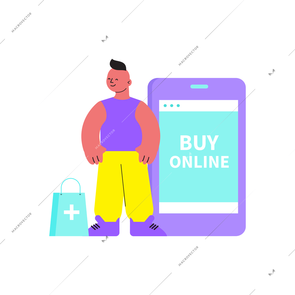 Online drugstore flat icon with smartphone shopping bag and character vector illustration