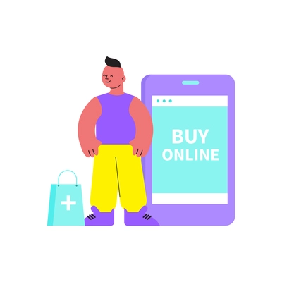 Online drugstore flat icon with smartphone shopping bag and character vector illustration