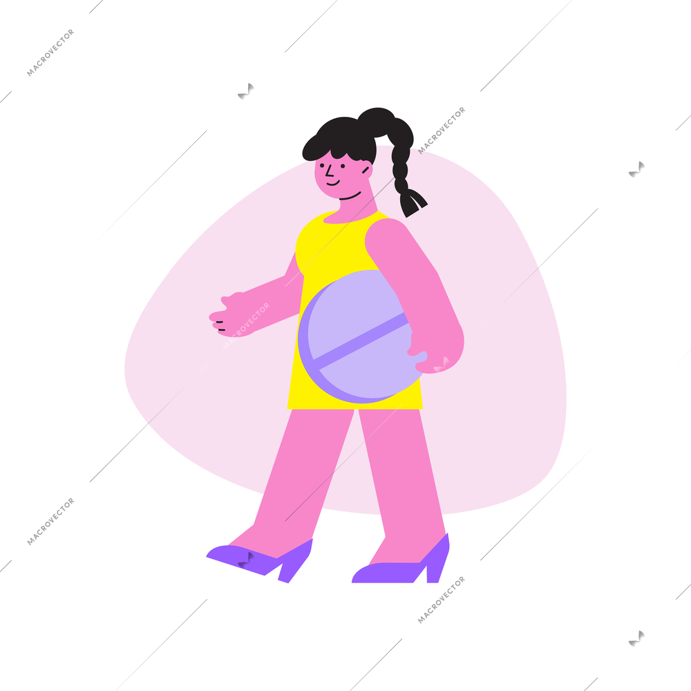 Pharmacy flat icon with female character carrying big pill vector illustration