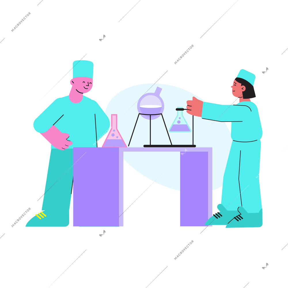 Science chemistry laboratory with two workers in uniform and equipment flat vector illustration