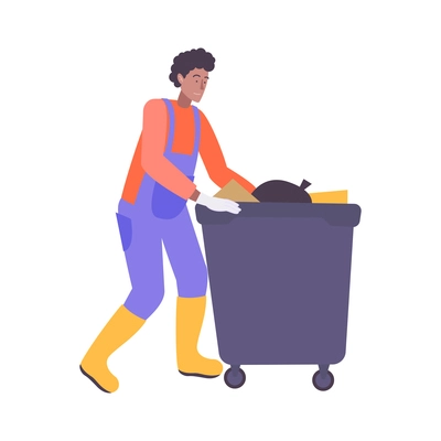 Flat icon with cleaner putting garbage into container vector illustration