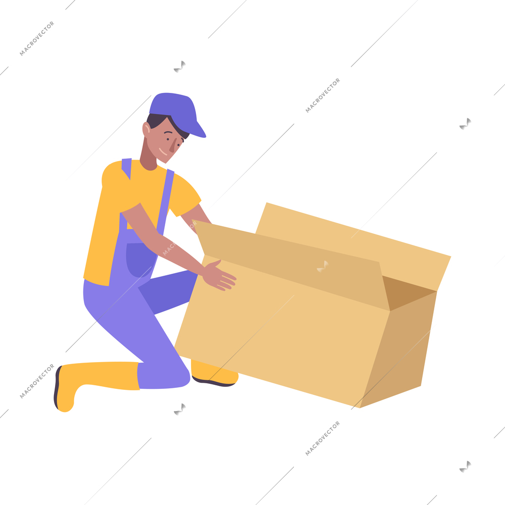 Male worker in uniform with cardboard box on white background flat vector illustration