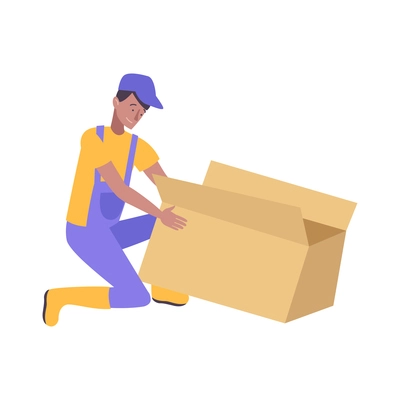 Male worker in uniform with cardboard box on white background flat vector illustration