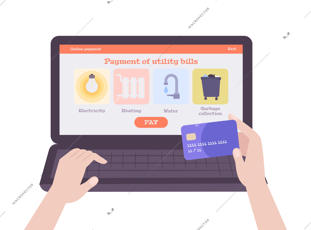 Payment of utility bills online with laptop and human hands holding credit card flat vector illustration