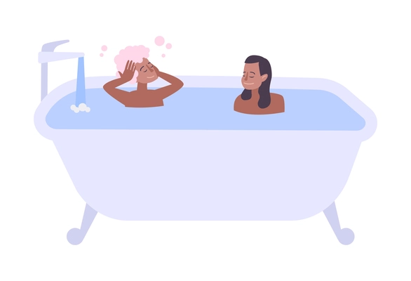 Two happy women washing in bath at home flat vector illustration