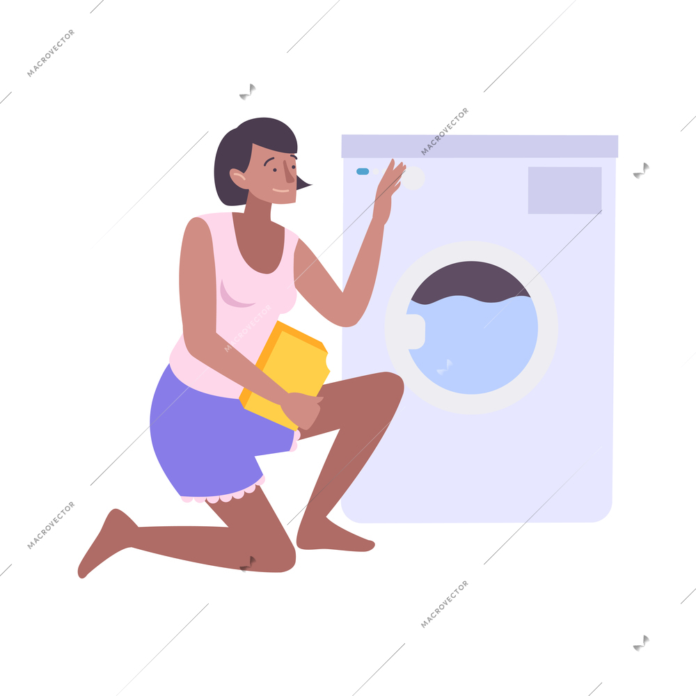 Smiling woman with box of detergent in hands doing laundry in washing machine flat vector illustration