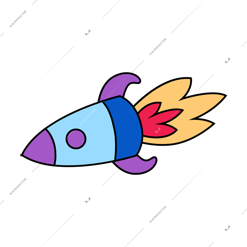 Flying colorful rocket doodle icon on white background vector illustration