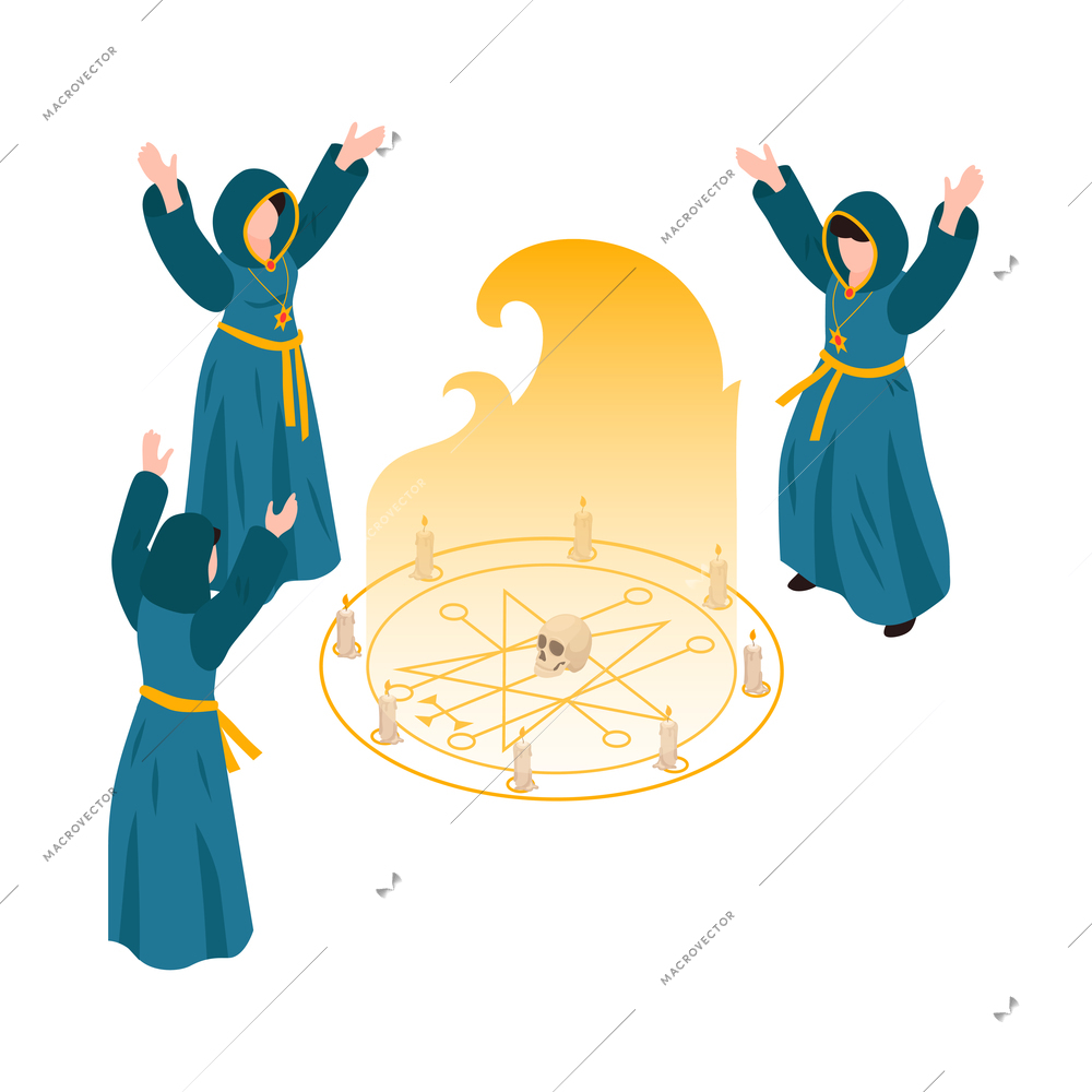 Isometric occult session composition with occultists standing round fire runic symbols skull candles vector illustration